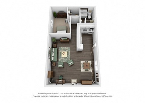 Floor plan for 1 bed, 1 bath, 725 sqft